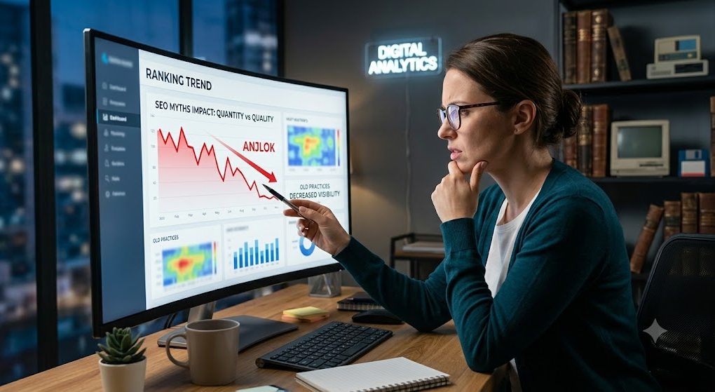 Seseorang menganalisis grafik statistik peringkat website yang menurun akibat menerapkan mitos SEO jadul