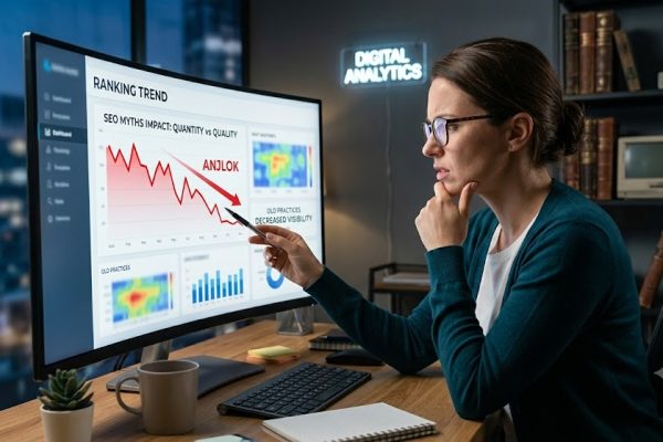Seseorang menganalisis grafik statistik peringkat website yang menurun akibat menerapkan mitos SEO jadul